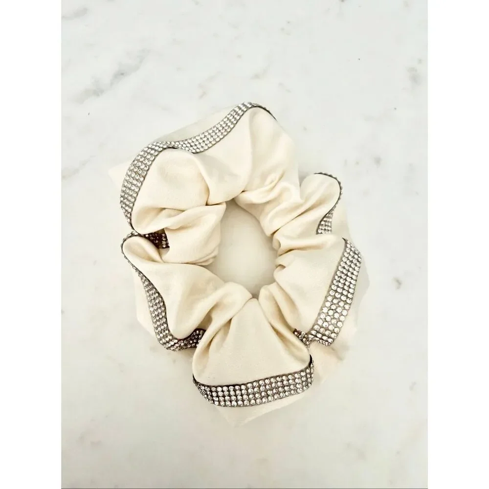 Nordstrom Ivory Satin Rhinestone Trim Oversized Scrunchie Hair Tie